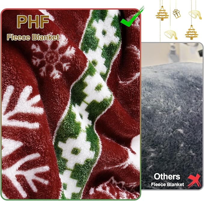 PHF Printed Fleece Blanket Queen Size, No Shed No Pilling Ultra Soft Plush Cozy Xmas Prints Theme Home Décor Flannel Blanket for Bed, Sofa, Couch and Gift, 90" x 90", Retro Christmas
