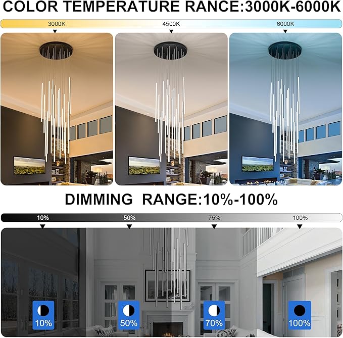 Modern LED Chandelier Clustered Led Pendant Light Black 24 Lights Dimmable High Ceiling Large Hanging Lighting Fixture for Loft Villa Living Room Stairs Foyer