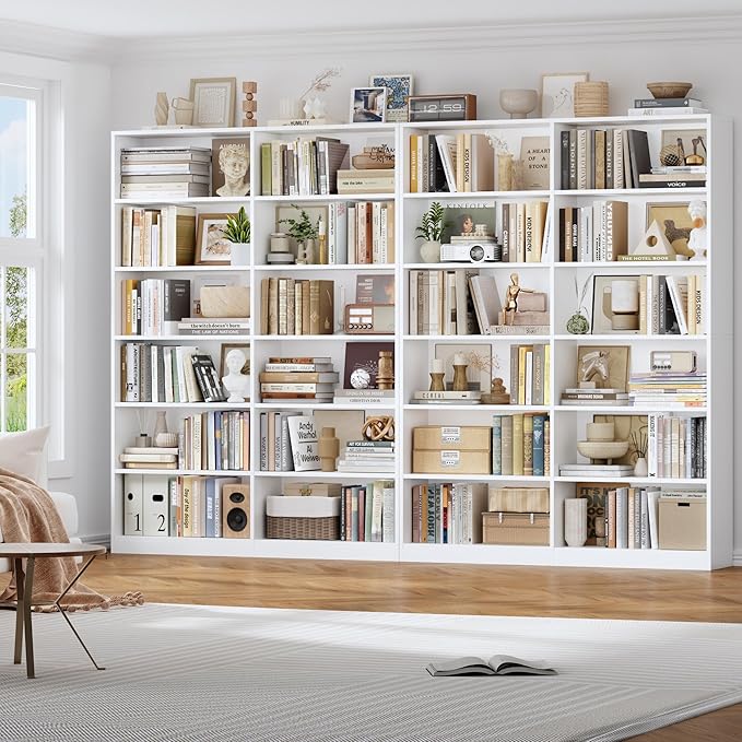Bookshelf and Bookcase, 6-Tier Double Wide Bookshelfs,Freestanding Display Storage Shelves, Tall Bookcases for Home Decor Bedroom, Living Room, Home Office,White