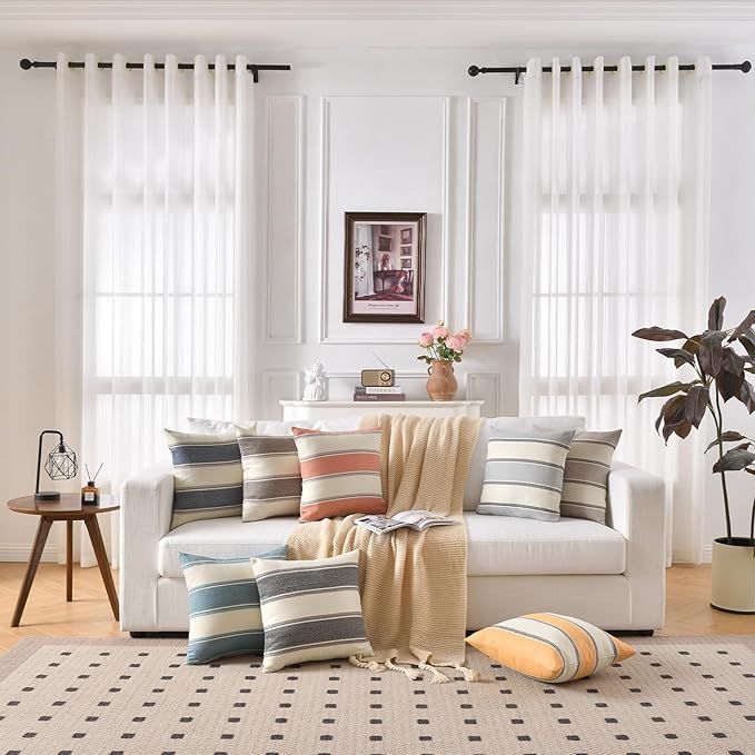 AmHoo Pack of 2 Farmhouse Linen Throw Pillow Cover Cushion Stripe Decoration Buffalo Retro Pillowcase with Hidden Zipper for Sofa Bedroom Car 18 x 18 Inch Burnt Orange