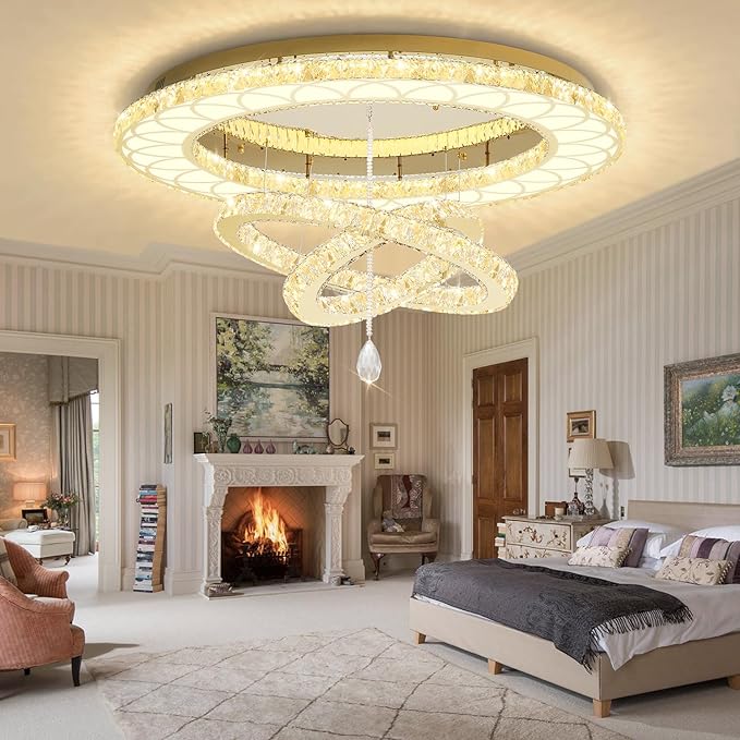 Flashing God Dia 48" Large Chandelier Crystal Gold Ceiling Light Fixtures LED Flush Mount Ceiling Light for Living Room Bedrooms Dining Room Dimmable 2700k 4500k 6000k