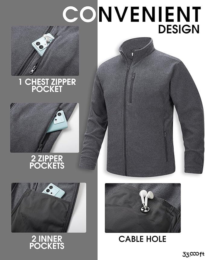 33,000ft Men's Full Zip Fleece Jacket Lightweight Warm Soft Polar Long Sleeve Jackets with Pockets for Winter Hiking Casual