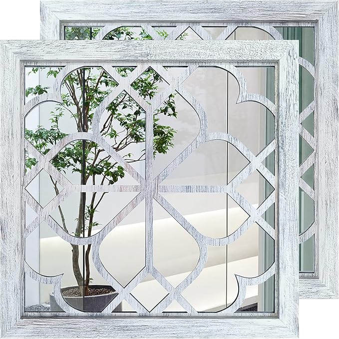 Wocred 2 PCS Square Wall Mirror,Gorgeous Rustic Farmhouse Accent Mirror,Rustic White Color Entry Mirror for Bathroom Renovation,Bedrooms,Living Rooms and More （20”）