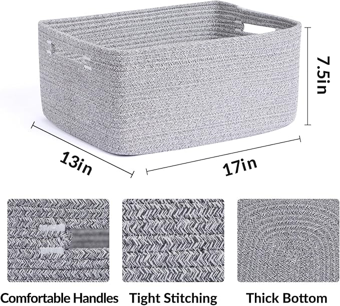 Large Storage Baskets for Shelves, Closet Organizers Bins for Clothes Blanket Towels, Baby Nursery, Toy Baskets Box, Woven Rope Baskets, 17 x 13 x 7.5”, 2 Packs Mixed Gray