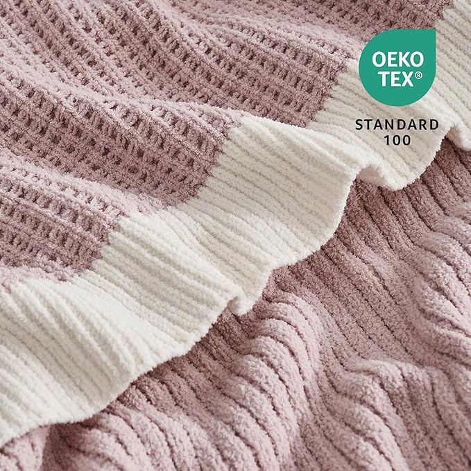 Amélie Home Waffle Throw Blanket for Couch, Soft Cozy Chenille Knit Blanket Warm Decorative Throw for Sofa, 50"x60", Pink