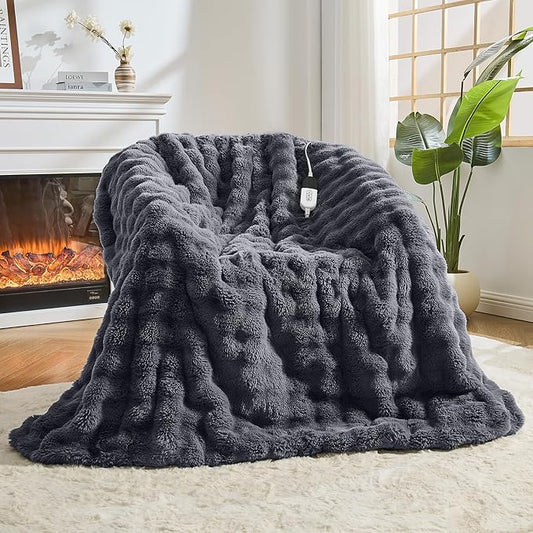 Heated Blanket Electric Throw Blanket 50''X 60''-Heating Blanket with 6 Heat Settings-4/10 Hours Auto Off,Cozy Faux Rabbit Fur Bubble Electric Blanket,Dark Gray