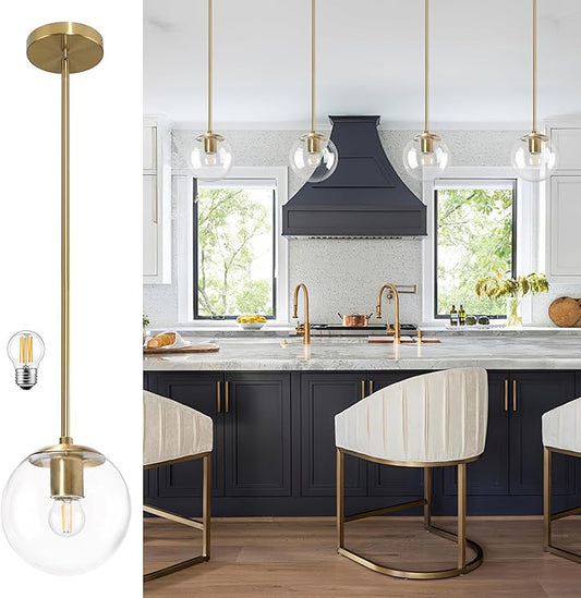 6 Inch Globe Pendant Light Gold Mid Century Pendant Light Contemporary Globe Pendant Lights Kitchen Island Clear Glass with Brass Finish Adjustable Hanging Light Fixture for Kitchen Island