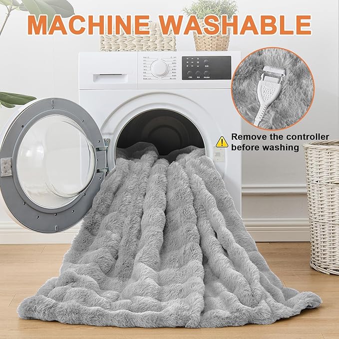 Heated Blanket Electric Throw Blanket 50''X 60''-Heating Blanket with 6 Heat Settings-4/10 Hours Auto Off,Cozy Faux Rabbit Fur Bubble Electric Blanket,Light Gray