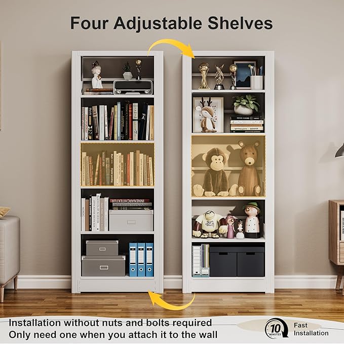 Book Shelf,5-Tier White Bookshelf, Office Bookcases and Bookshelfs,Tall Metal Storage Organizer,Freestanding Bookshelf for Library,Living Room,Home Office (W:23.6")