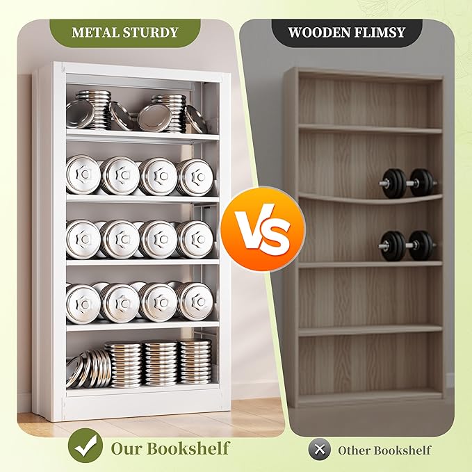 Bookshelf, 5-Tier Metal Sturdy Bookcase,71" H Tall White Bookcase with Adjustable Shelves, Heavy Duty Storage Bookshelfs and Bookcases for Living Room, Library, School, Study, Home Office