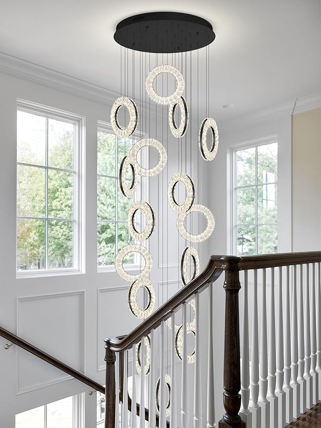 16 Rings High Ceiling Chandelier,Black Rings Chandeliers Staircase Chandelier for High Ceilings,Foyer Chandeliers Entryway High Ceilings
