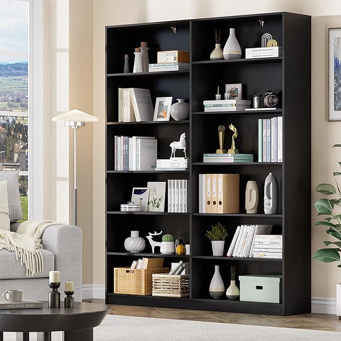 Black Bookcase, Bookshelf with 12 Open Shelves, Freestanding Display Storage Shelves, Book Case Home Library Bookcase for Living Room Bedroom Office 2PC