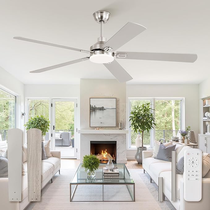 ZMISHIBO 60" Ceiling Fans with Lights, Nickel Modern Ceiling Fan with Remote, Bedroom Indoor Ceiling Fan with Dual Finish Blades, Quiet & Strong Motor, Bright LED Light