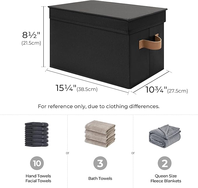 StorageWorks Large Storage Bins with Lids, Decorative Storage Boxes with Lid and PU Handles, Foldable Storage Baskets for Closet, Shelves, Stackable, Black, 3-Pack