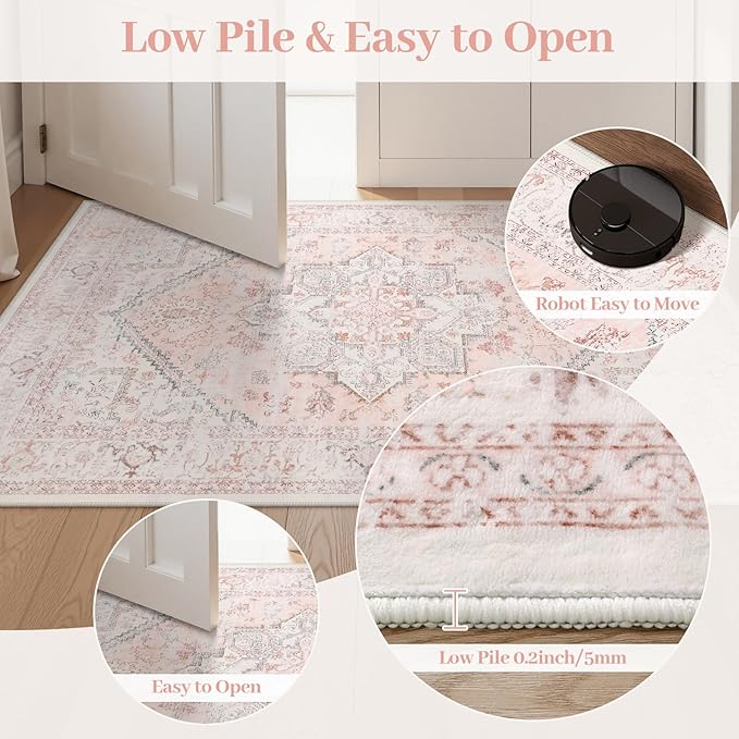 LIVEBOX Washable Runner 2x6 - Oriental Floral Kitchen Rug, Long Entryway, Low-Pile Vintage for Bedroom, Non-Skid Soft Carpet Throw for Bathroom Laundry Room Hallway Pink
