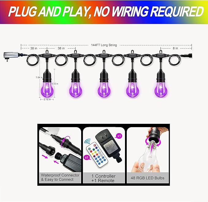 144FT Outdoor String Lights with 45 RGB Color Changing E26 Bulbs - Dimmable Shatterproof Edison Patio Lights for Backyard,Solar Commercial LED Lighting with Remote Control.