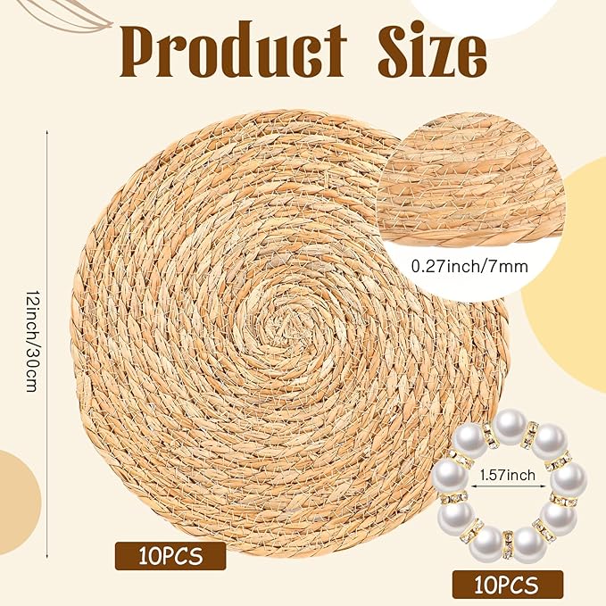 10 Pcs 12 Inch Round Woven Placemats with 10pcs Pearl Napkin Rings，Rattan Placemats Bulk Boho Woven Chargers Natural Water Hyacinth Place Mat for Wedding Party, Dinner Table
