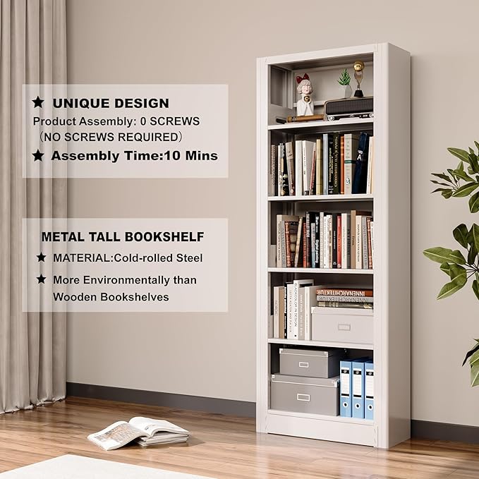 Book Shelf,5-Tier White Bookshelf, Office Bookcases and Bookshelfs,Tall Metal Storage Organizer,Freestanding Bookshelf for Library,Living Room,Home Office (W:31.5")