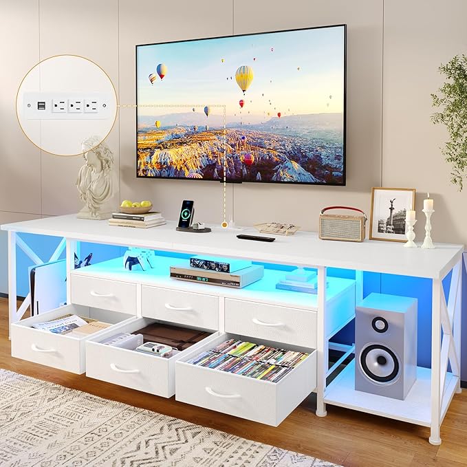 BTHFST TV Stand with LED Lights & Power Outlets, for TVs up to 85 Inches, 6 Fabric Drawers Entertainment Center with Open Storage Shelves, 71" TV Media Console Table for Living Room, Bedroom, White