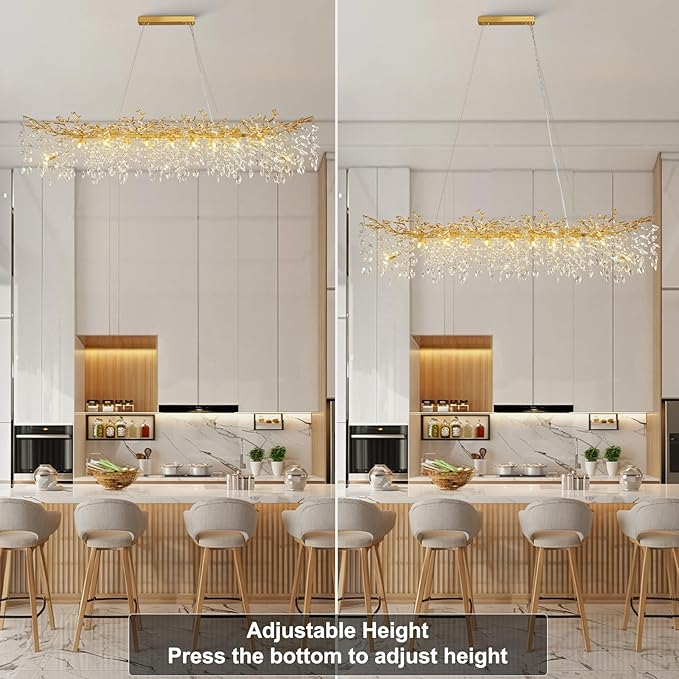 YUYI Modern Crystal Chandelier, 71" Gold Tree Branch Chandelier, 20-Lights Rectangular Raindrop Chandeliers for Dining Room Kitchen Island Living Room Foyer, Luxury K9 Crystals Pendant Light Fixtures