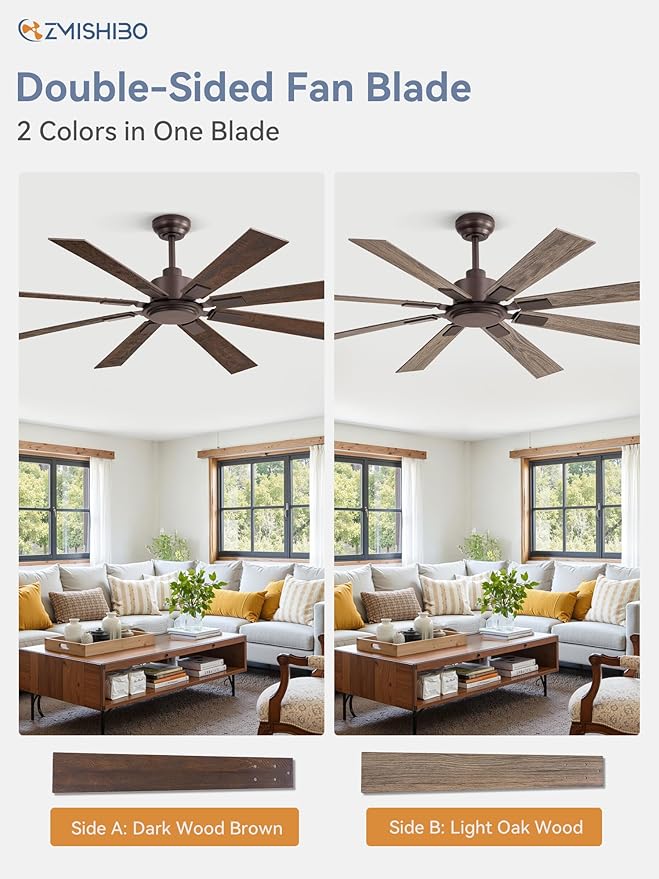 ZMISHIBO 62 Inch Ceiling Fan No Light with Remote Control, 8 Blades Quiet DC Reversible Motor, 6-Speed, Timer, Oil Rubbed Bronze Finish, Indoor Outdoor Ceiling Fans for Patios, Living Room, Garage