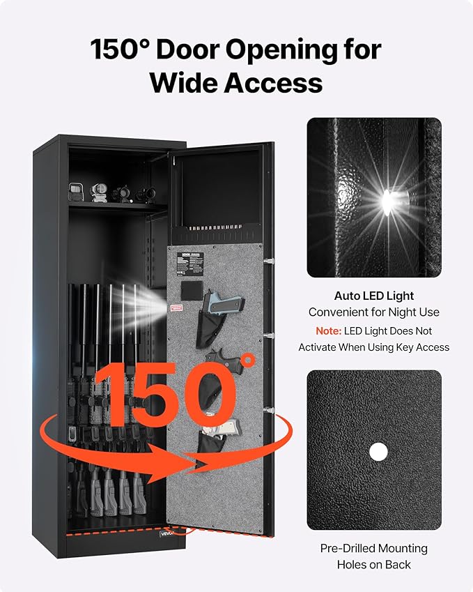 VEVOR 8-10 Gun Safe, Long Gun Cabinet for Rifles and Pistols, Quick Access Fireproof Rifle Safe with 3 Pistol Pockets and Adjustable Racks, Large Digital Cabinet with Fingerprint and Password Lock