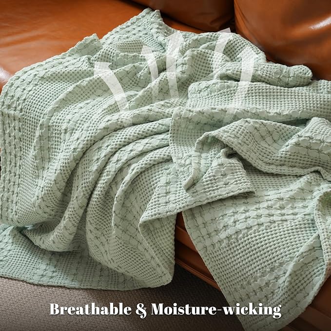 PHF 100% Cotton Waffle Weave Blanket King Size for Bed, Soft Lightweight &amp; Breathable, All-Season Comfort, Luxury Aesthetic Woven Bedding for Home Decor, 108"x90", Sage Green