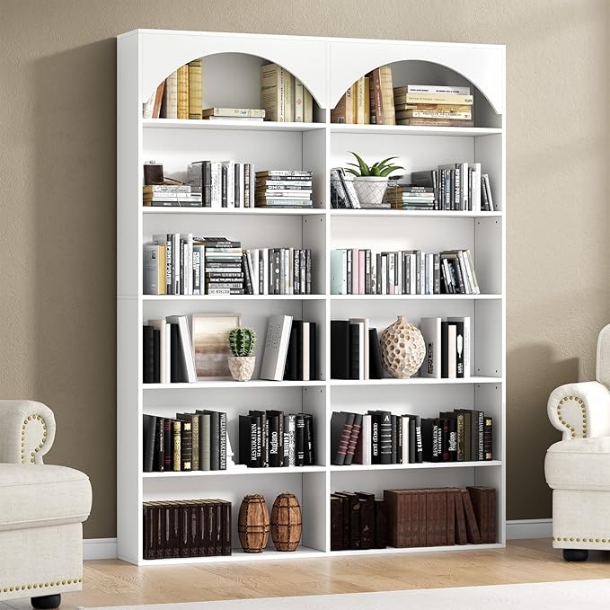 70.8'' Tall Bookshelf and Bookcase of 2 pcs, 7-Tier Double Wide Bookcase Modern Large Open Display Shelves with Curved Baffle for Home Office Living Room (White-2pcs)
