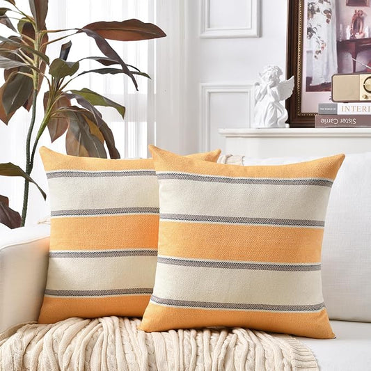 AmHoo Pack of 2 Farmhouse Linen Throw Pillow Cover Cushion Stripe Decoration Buffalo Retro Pillowcase with Hidden Zipper for Sofa Bedroom Car 18 x 18 Inch Yellow