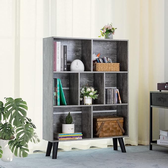 LEYAOYAO Bookshelf Cube Storage Organizer,3 Tier Bookcase with Legs,Modern Wood Open Shelf,Dirty Gray Bookshelfs,Free Standing Display Short Book Shelves for Narrow Space,Bedroom,Living Room,Office