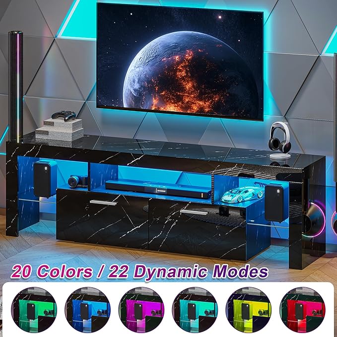 65.7 inch Modern High Gloss LED TV Stand with Storage for 50 55 60 65 70 75 inch TV, Gaming Entertainment Center for PS5, TV Cabinet with Glass Shelves for Living Room, Bedroom, Black Marble