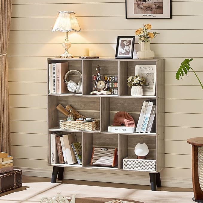 LEYAOYAO 8 Cube Bookshelf,3 Tier Bookcase with Legs,Modern Gray Mid-Century Bookshelfs,Large Farmhouse Open Storage Organizer Shelf, Retro Wooden Display Book Case for Bedroom,Living Room,Office