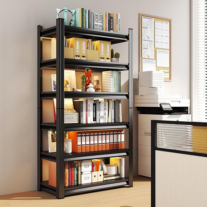 Book Shelf 5-Tier Adjustable Industrial, Tall Bookshelfs Storage 250Lbs, Black Metal for Office &amp; Library (77.4" H * 39.3" W * 13.7" D)