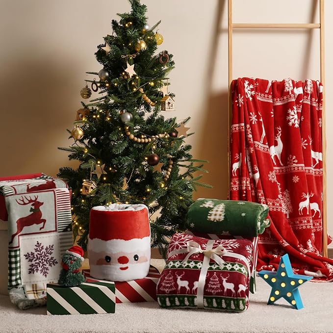 PHF Printed Fleece Blanket Queen Size, No Shed No Pilling Ultra Soft Plush Cozy Xmas Prints Theme Home Décor Flannel Blanket for Bed, Sofa, Couch and Gift, 90" x 90", Retro Christmas