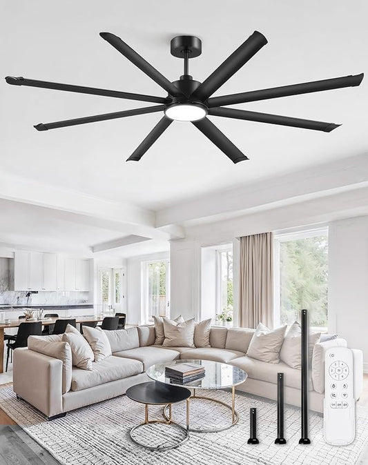 ZMISHIBO 84 Inch Ceiling Fans with Lights, Indoor/Outdoor Industrial Ceiling Fan with 8 Aluminum Reversible Blade, Quiet DC Motor, 3CCT&6-Speed Remote Control, Damp Rated for Living Room/Garage/Gazebo