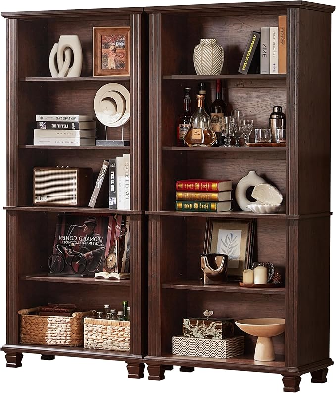 70" Tall Walnut Bookshelf,5 Tier Wooden Book Shelf with Adjustable Shelves &amp; Wood Legs,Free Standing Farmhouse Bookcase with Open Display Storage,Vintage Bookshelfs for Classroom, 2PCS