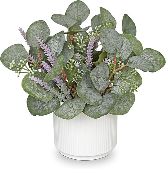 Small Artificial Plants Indoor, 9.8" Faux Eucalyptus Stems in Ceramic Pot for Table, Desk, Shelf, Fake Potted Plants Eucalyptus Leaves with Lavender for Centerpieces, Living Room, Bathroom, Bedroom