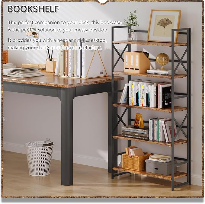 4NM 5 Tiers No Assembly Book Shelves, 51.2" H Folding Bookshelf Bookcase Open Industrial Foldable Shelves for Bedroom, Living Room, Home Office - Rustic Brown Black