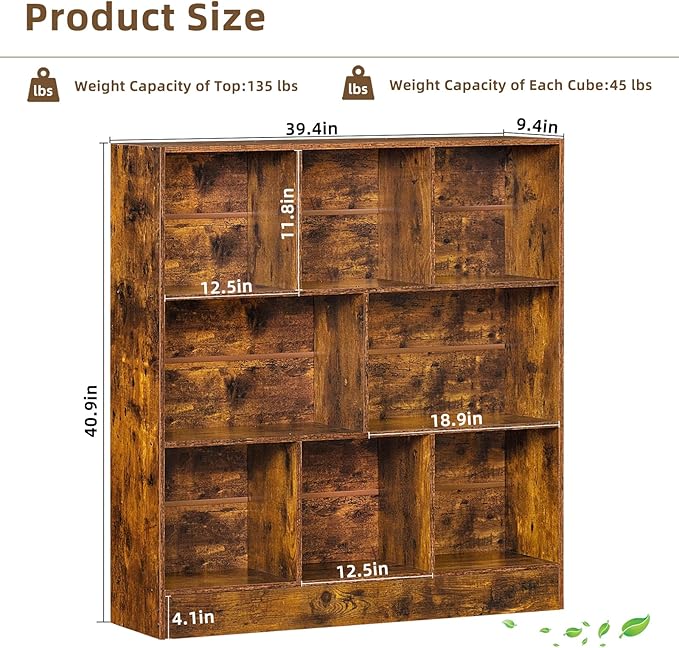 LEYAOYAO 8 Cube Bookshelf with Base,3 Tier Mid-Century Modern Brown Bookcase,Standing Wide Bookshelfs Storage Organizer Shelf,Rustic Wood Display Cabinet Book Shelves for Bedroom,Living Room,Office
