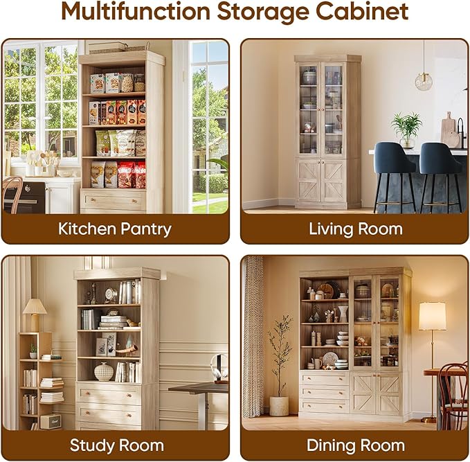 Vyre 71" Tall Farmhouse Kitchen Pantry, Set of 2 Large Storage Cabinets with 3 Drawers & Adjustable Shelves, Versatile Wood Hutch for Living Room & Dining Room, Brown