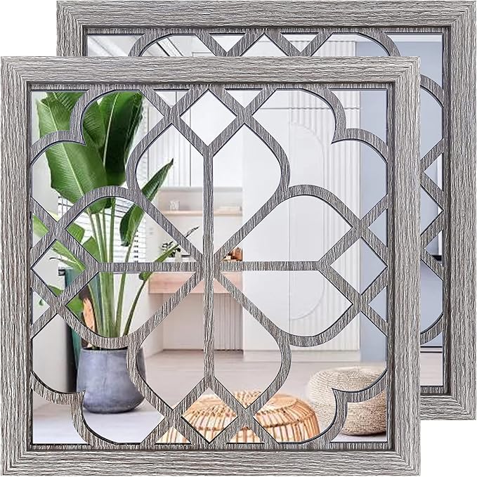 Wocred 2 PCS Square Wall Mirror,Gorgeous Rustic Farmhouse Accent Mirror,Barn Wood Color Entry Mirror for Bathroom Renovation,Bedrooms,Living Rooms and More(20”x20”)