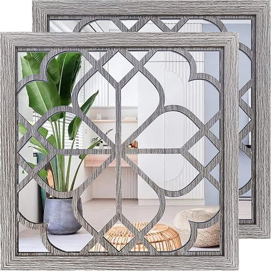Wocred 2 PCS Square Wall Mirror,Gorgeous Rustic Farmhouse Accent Mirror,Barn Wood Color Entry Mirror for Bathroom Renovation,Bedrooms,Living Rooms and More(20”x20”)