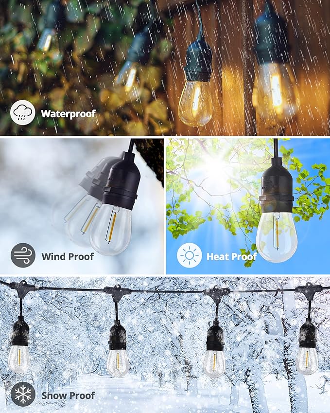 52FT Outdoor LED String Lights Shatterproof UL Listed 2FT Spacing with 26 Plastic Bulbs, Commercial Grade Hanging Lights String 24 Sockets, Decorative Patio Lights for Backyard Garden Party Bistro