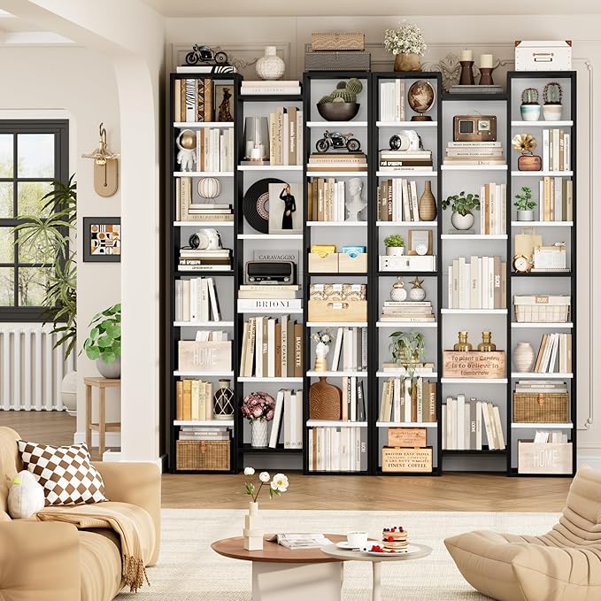 FOTOSOK 71'' Tall Bookshelf, Triple Wide Bookshelf with Adjustable Shelves, 8 Tier Media CD DVD Storage Tower Rack, Diaplay Cabinet Shelf, Cube Storage Organizer Shelf for Home Office, White/Black