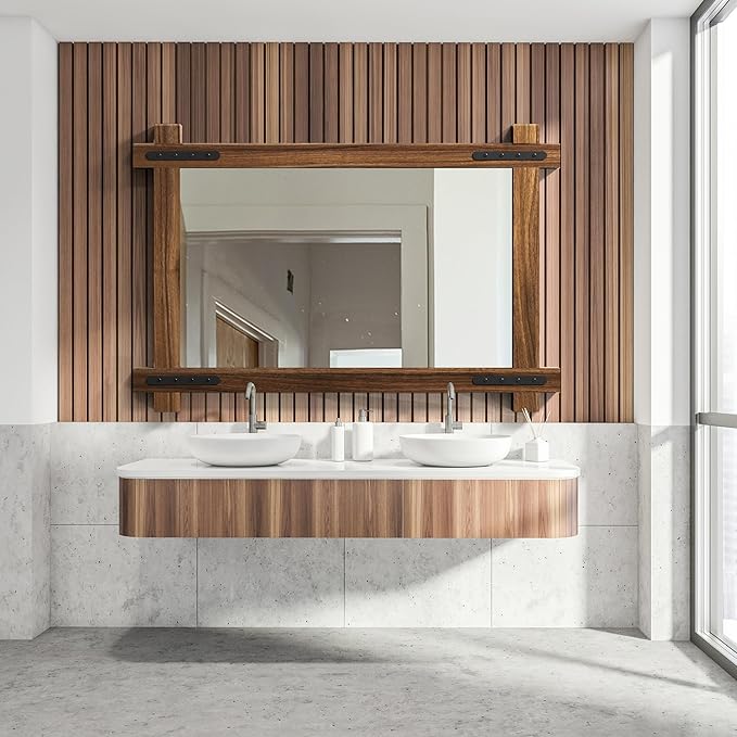 YOSHOOT Farmhouse Wood Bathroom Mirror, 48"x30" Rustic Wall Mirror, Round Corner Vanity Mirror for Decor, Vertical or Horizontal Hanging, Selected Wood, 100% Handmade