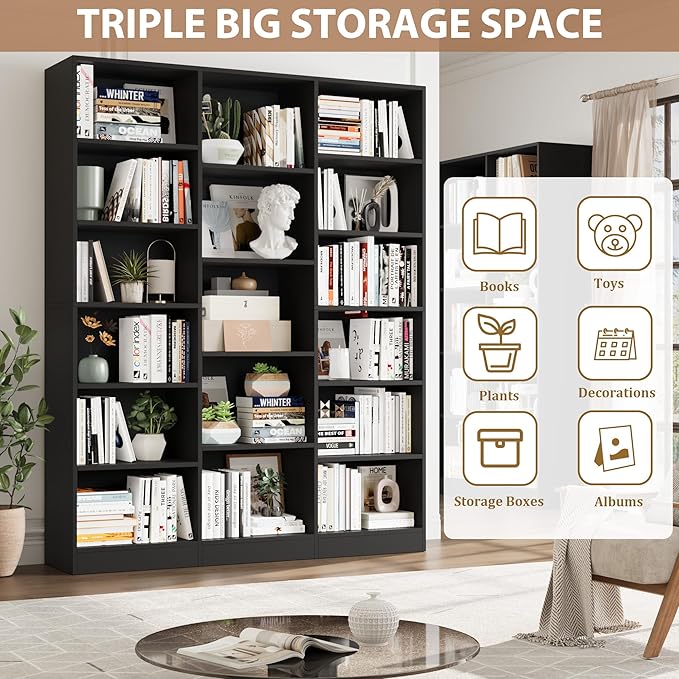 Triple Wide Bookshelf, 6 Tier Large Bookshelf, Bookcase with 17 Open Display Shelves, 74'' Tall Bookcases and Bookshelfs for Living Room, Home Office, Library, Black