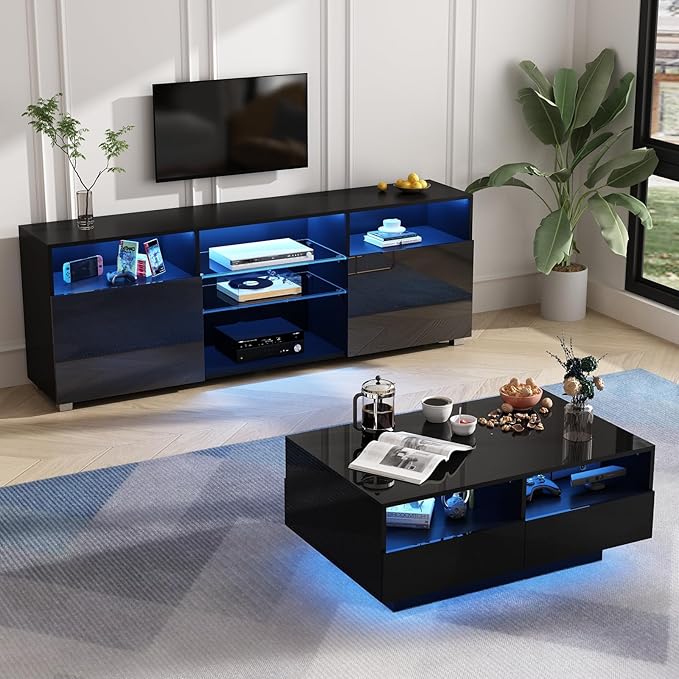 St.Mandyu LED TV Stand for 65/75 inch TV, Modern Television Table Center Media Console with Drawer and Led Lights, High Glossy Entertainment Center for Living Game Room Bedroom(Black)¡