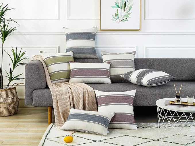 AmHoo Pack of 2 Farmhouse Linen Throw Pillow Cover Cushion Stripe Decoration Buffalo Retro Pillowcase with Hidden Zipper for Sofa Bedroom Car 20 x 20 Inch Blue