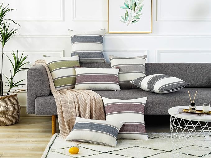 AmHoo Pack of 2 Farmhouse Linen Throw Pillow Cover Cushion Stripe Decoration Buffalo Retro Pillowcase with Hidden Zipper for Sofa Bedroom Car 24 x 24 Inch Blue