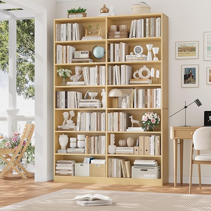 83.6" Tall Bookshelf and Bookcase, 7-Tier Extra Large Bookshelf with Double Storage, 14 Open Display Shelves for Home Office, Study and Living Room, Natural